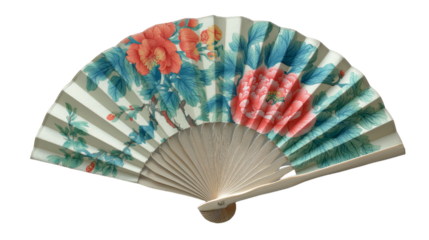 Floral Chinese Paper Fan On Transparent Background