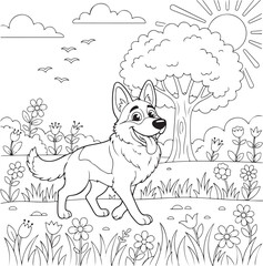 Happy GErman Shephered Coloring page for kids and adults