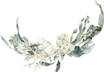 Watercolor frame, wreath with starfish, shells, coral, and seaweed. Ideal for wedding stationery, greeting cards, invitations, posters, nautical party design, and coastal decoration