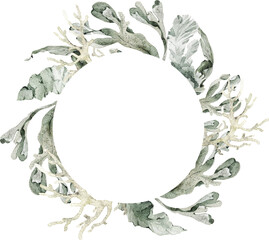 Watercolor frame, wreath with starfish, shells, coral, and seaweed. Ideal for wedding stationery, greeting cards, invitations, posters, nautical party design, and coastal decoration