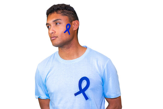 Young man showing blue ribbon for colon cancer awareness month, prostate cancer awareness and chronic fatigue syndrome. - Powered by Adobe