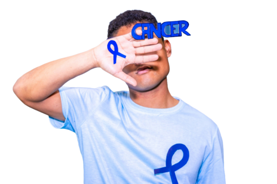 Young man covering his face with hand and showing blue ribbon, fighting against cancer.