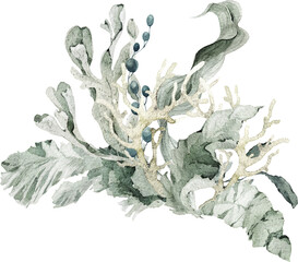 Watercolor frame, wreath with starfish, shells, coral, and seaweed. Ideal for wedding stationery, greeting cards, invitations, posters, nautical party design, and coastal decoration