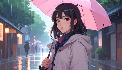 Anime girl in rain, pink umbrella