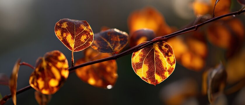 Autumn leaves with vibrant colors on a branch in golden hour light, showcasing the beauty of fall foliage and seasonal change