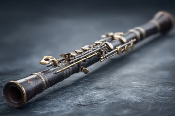 Naklejka premium A close-up shot of a vintage clarinet lying on a textured surface, capturing the details of the instrument