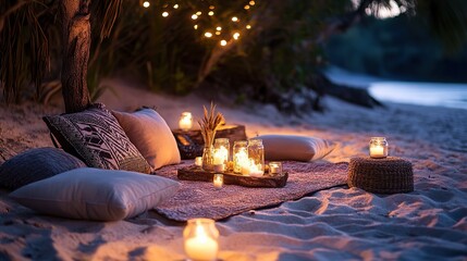 A cozy beach setting adorned with candles, cushions, and soft lighting, creating a serene and romantic atmosphere.