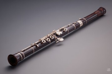 Naklejka premium An old and classic clarinet is placed on a grey surface. It is black, and silver