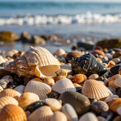 Seashells on a beach at sunrise