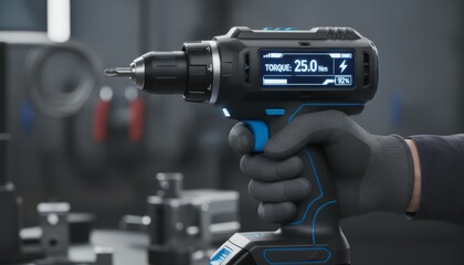 High-tech photograph of a professional's hands using a smart power tool with a digital display showing torque settings or battery life. The tool has a sleek, modern design. advanced tools