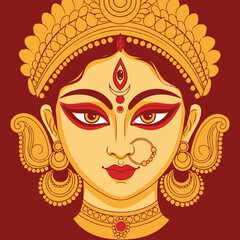 Divine Goddess Face Illustration with Nose Ring and Earrings, Ornamental Indian Goddess Portrait with Spiritual Symbols