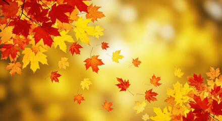 Falling Autumn Leaves A Cascade of Red and Yellow Maple Leaves Against a Blurred Golden Background A Seasonal Display of Deciduous Beauty in Motion