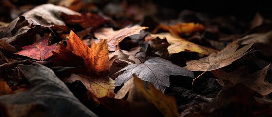 Closeup of fallen autumn leaves in warm, earthy tones, showcasing the beauty of fall foliage and seasonal change Concept of nature, tranquility, and the passage of time