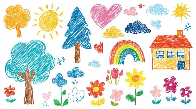 A vibrant collection of childlike drawings. Simple pencil sketches of a house, tree, rainbow, sun, clouds, and flowers. Includes bright crayon doodles