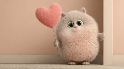 Fluffy Cat with Heart: A fluffy cartoon cat tenderly holds a pink heart, radiating cuteness and charm, ideal for conveying affectionate feelings.