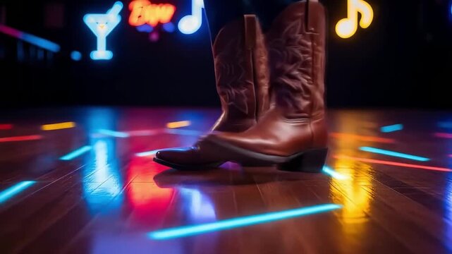 Dancing Cowboy Boots on a Neon-lit Dance Floor