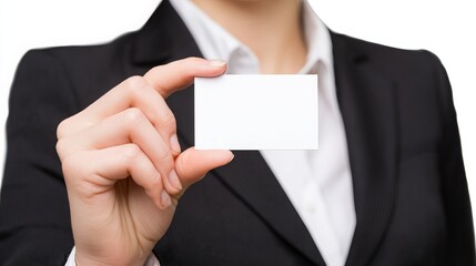 Obraz premium A woman in a black business suit holds a blank white plastic card. The image is isolated against a white background. The hand is the primary focus. 