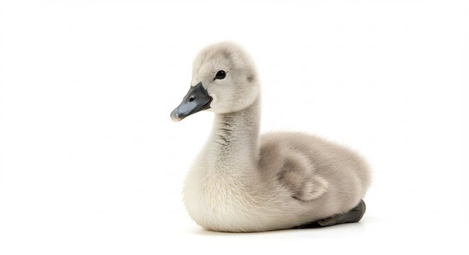 Fluffy cygnet rests peacefully against bright white background. AI Generated