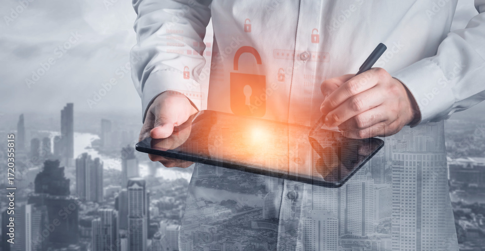 Aufkleber digital security concept illustrating a cybersecurity breach, with a red unlocked padlock indicating