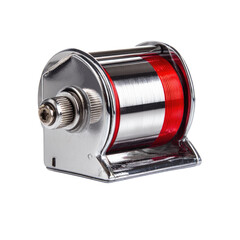 A chrome-plated fishing reel with red thread, isolated on a transparent background. background removed