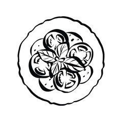 A bowl of caprese salad doodles. Outline vector illustration of italian food