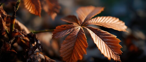 Closeup of a Dried Chestnut Leaf displaying Autumnal Brown hues in the forest during daytime, showcasing natures seasonal transition