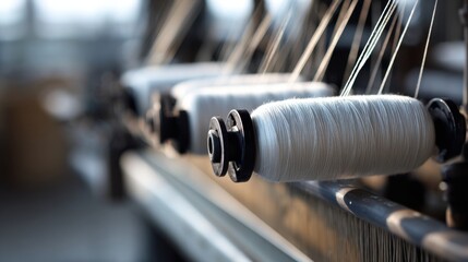 industrial weaving machine spinning threads, close up detail, soft textile dust in cinematic light