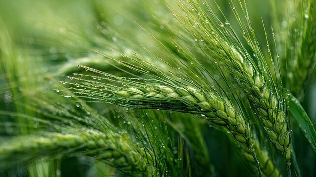 Barley fields glisten with dew-kissed, green hulless grains.
Dewdrops cling to a field of vibrant green, hulless barley.
Fresh dew graces a field of verdant, hulless barley crops.
 