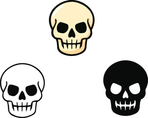 Set of three carved halloween skull in full color, black silhouette, and line drawing style
