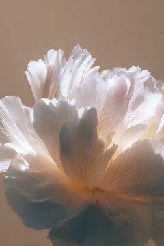 floral macro photography, macro shot of a big white flower, with frilled petals against a light beige backdrop soft, delicate lighting evokes daria endresens minimalist style