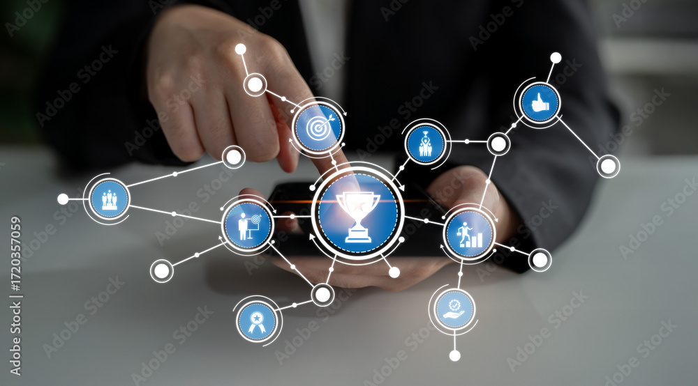 Poster a person interacts with a smartphone displaying digital achievement icons, representing goals and su