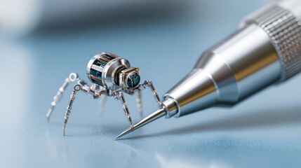 microscopic robot standing on the tip of a metallic needle, high precision nanotechnology, shallow focus