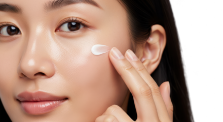 A woman applies a dab of white cream to her cheek with her finger, focusing on skincare isolated on transparent background