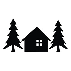 Obraz premium Cabin in the woods vector graphic, simple house illustration with pine trees silhouette design element