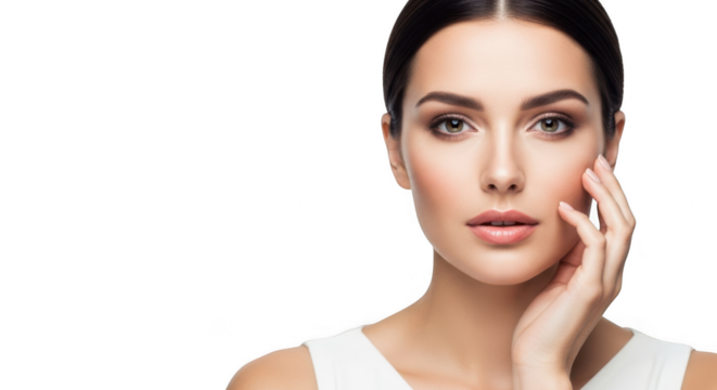 A woman gently touches her face, showcasing her smooth, clear skin and natural beauty isolated on transparent background