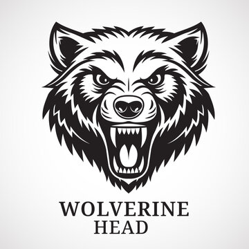 Wolverine. Bold aggressive black-and-white vector illustration of a wolverine's head, perfect for branding, mascots, or apparel design. Ideal for sports teams, outdoor games, or wildlife projects.