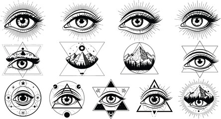 Mystical eye and celestial landscape icons in geometric frames, black vector set for spirituality, surrealism, astrology, and esoteric themes