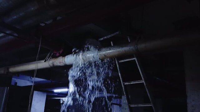 Water pipe burst on supply line, the water flowing down to floor highlights leakage. The indoor surface captures the flow from broken pipeline.