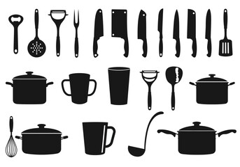 Complete Kitchen Utensils and Cookware Silhouette Icon Set for Culinary Design