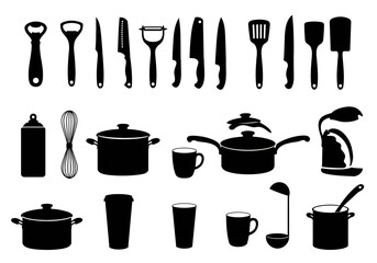 Complete Kitchen Utensils and Cookware Silhouette Icon Set for Culinary Design