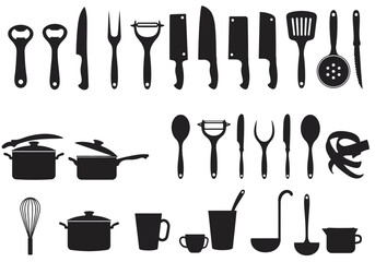 Complete Kitchen Utensils and Cookware Silhouette Icon Set for Culinary Design