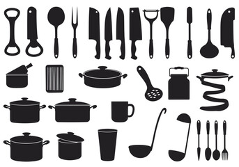 Complete Kitchen Utensils and Cookware Silhouette Icon Set for Culinary Design