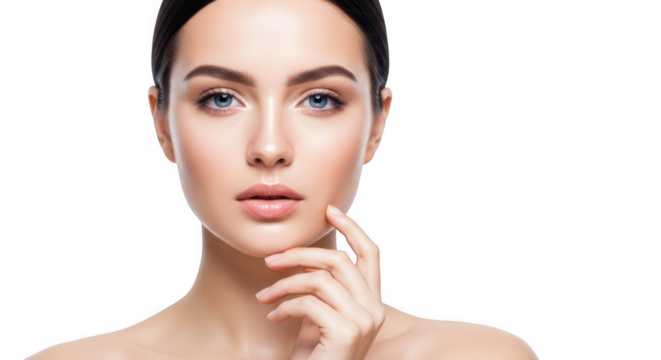 A closeup portrait of a woman with striking blue eyes and flawless skin, touching her chin isolated on transparent background