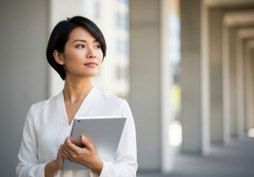 A confident asian businesswoman holding a tablet computer while looking thoughtfully into the distance outside a modern building