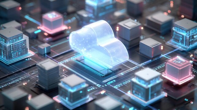 Digital data management via cloud technology. Utilizing data centers for computer information storage and cybersecurity. A 3D illustration of cloud computing concepts.
 