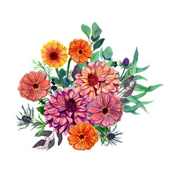 PNG Watercolor floral composition isolated. Botanical Illustration of Zinnia, Dahlia, eucalyptus in bouquet. Template for cards, wedding invitations, celebration decor, covers. Autumn Garden flowers