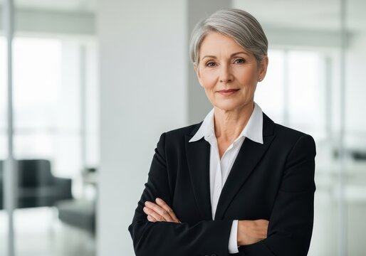 Confident senior businesswoman with gray hair wearing a black suit and white shirt, arms crossed, looking at the camera in a modern office - Powered by Adobe