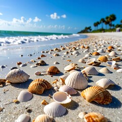 Seashells on a sunny beach.  Ocean waves on the shore