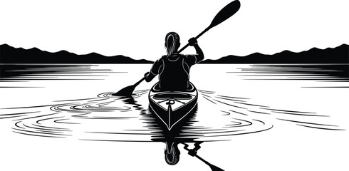 Silhouette person kayaking on calm lake with mountain reflection, black vector illustration for nature, travel, sport, and outdoor lifestyle themes