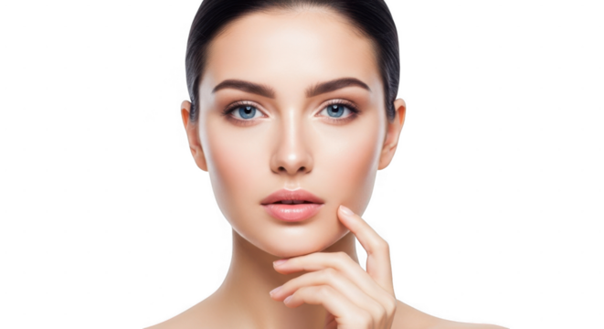 A woman with striking blue eyes and perfect skin touches her chin thoughtfully isolated on transparent background